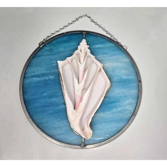 Vintage Stained Glass With Conch Shell Cutout 3D Hanging Hand Crafted Art 11.5" - Picture 4 of 15